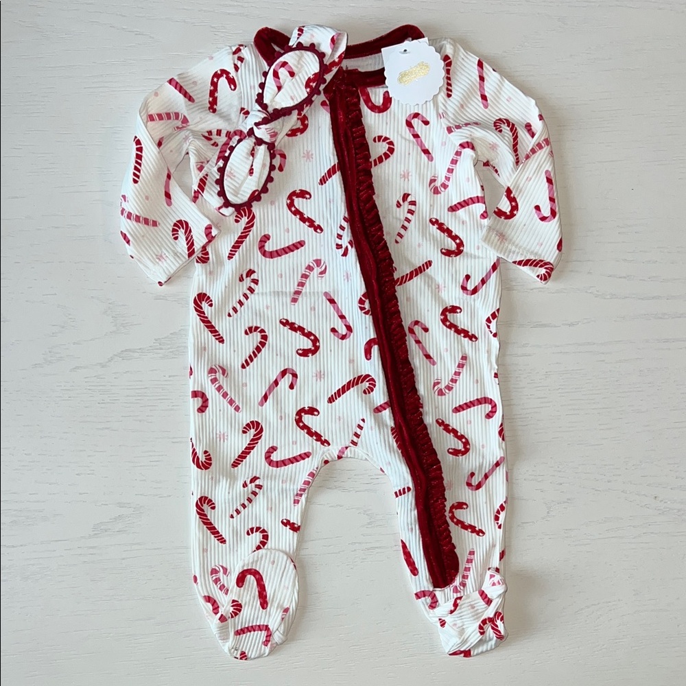 🎄 Mudpie Candy Cane Footie Romper Headband 0-3 3-6 6-9 months